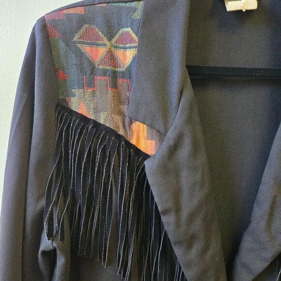 Vintage Black Aztec Fringe Blazer Jacket With Silver Button Art to Wear Festival - Picture 4 of 12